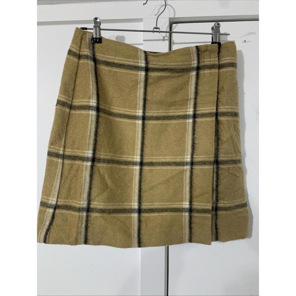 NEW YORK‎ & CO TAN BLACK PLAID WRAP AROUND WOOL BLEND ABOVE KNEE SKIRT 8